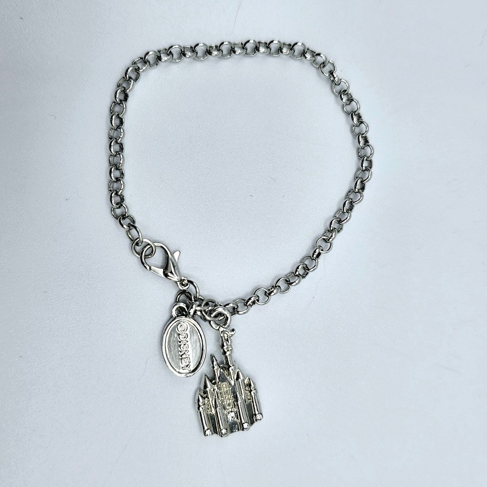 Disney Castle Charm Bracelet Rhinestones Silvertone 7" Dangle Jewelry